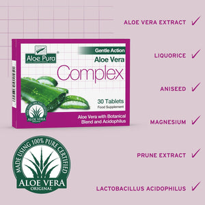 Aloe Pura Aloe Vera Gentle Action Complex Tablets , Natural , Vegetarian , Cruelty Free , Food Supplement, Botanical Blend , 30 Tablets