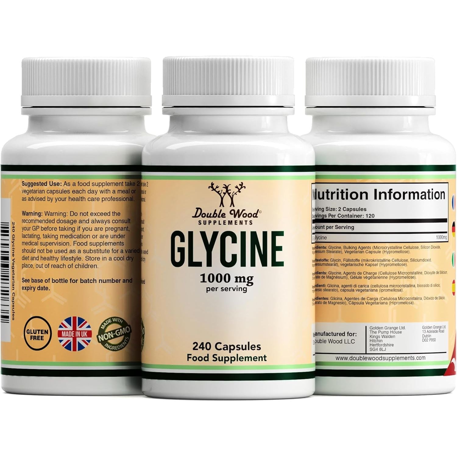Double Wood Glycine Supplement | 240 High Strength Glycine Capsules - 1000Mg per Serving | Amino Acid Supplement | Non-Gmo & Gluten | Manufactured in the UK