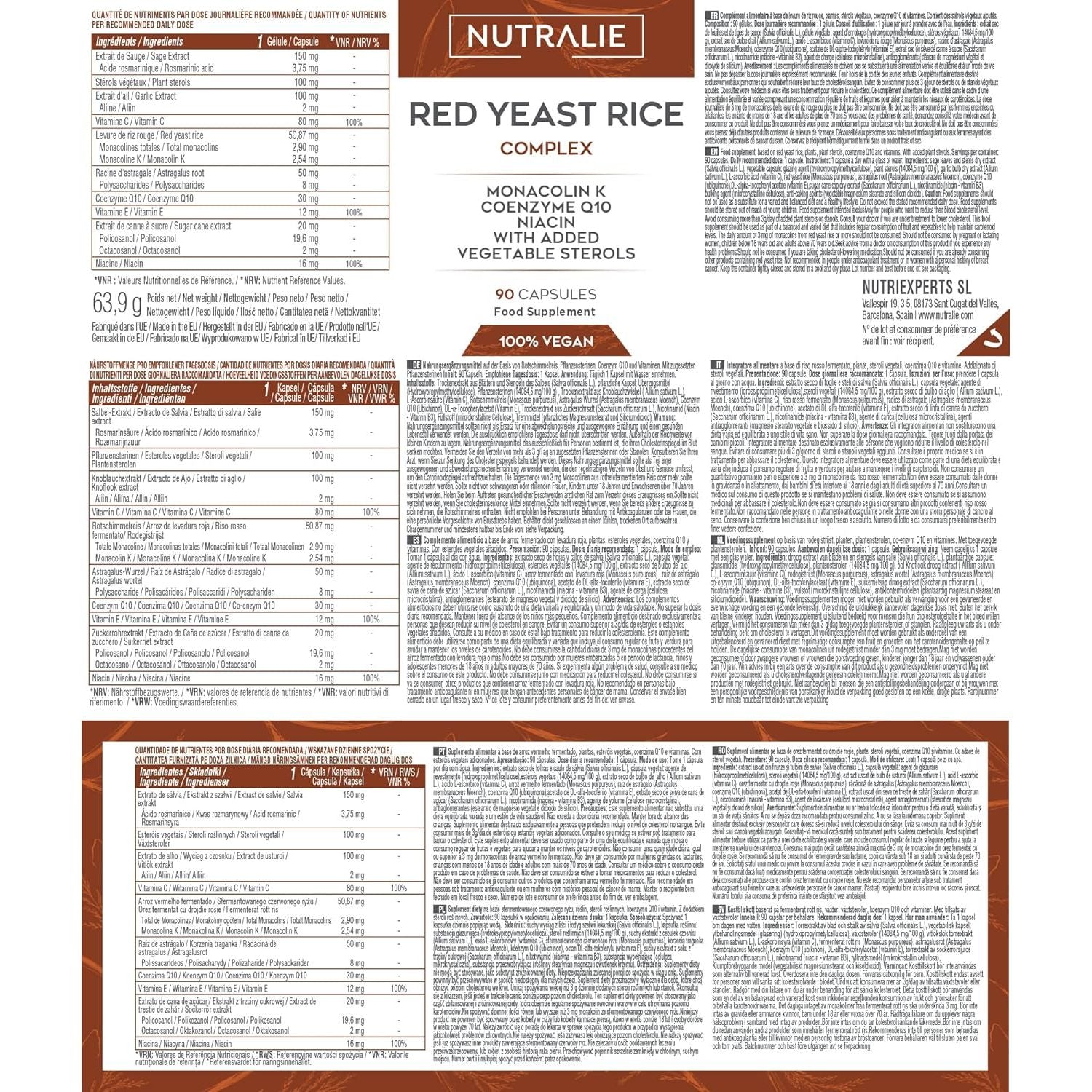RED Yeast Rice Complex - Cholesterol Lowering Supplement - Monacolin K 2,9Mg & Q10 30Mg - Red Yeast Extract Gluten Free - 90 Vegan Capsules Nutralie