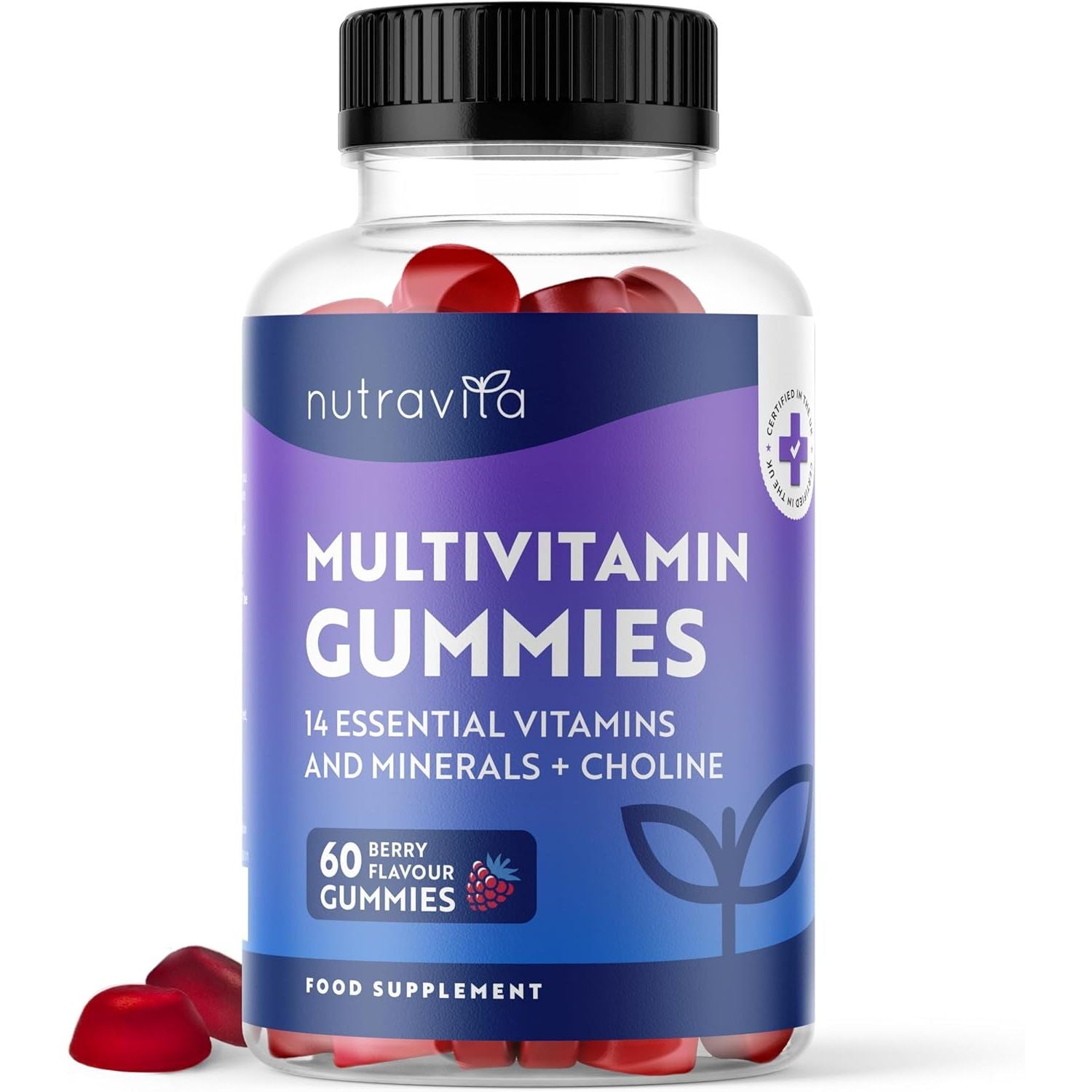 Vegan Multivitamin Gummies for Women & Men – 60 Berry Flavour Chewable Adult Multivitamins (2 Month Supply) Daily Supplement with 14 Vitamins & Minerals Incl. Vitamin C D3 B12 Biotin Zinc – Nutravita