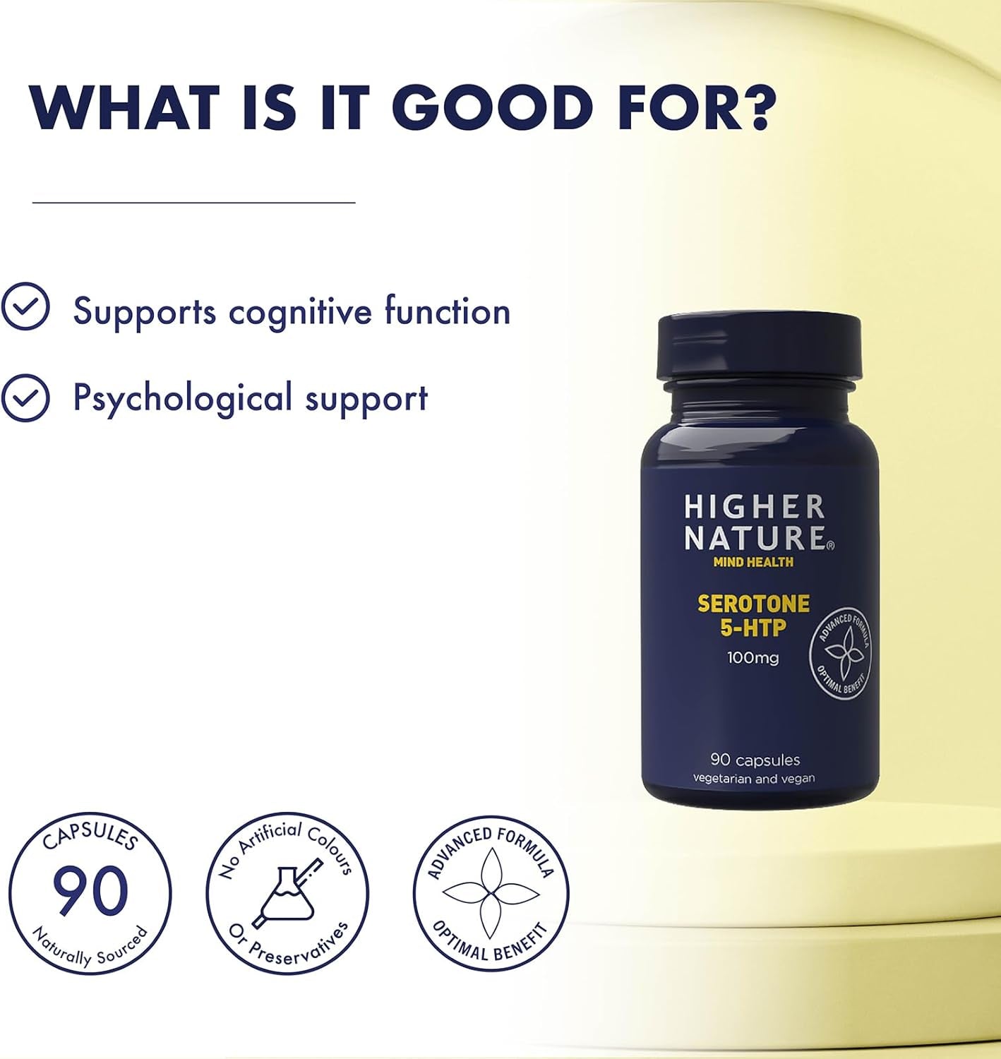 Higher Nature - Serotone 5HTP - 100Mg - Psychological Support - Natural Source of 5HTP - B Vitamins & Zinc - Vegan & Vegetarian - 90 Capsules