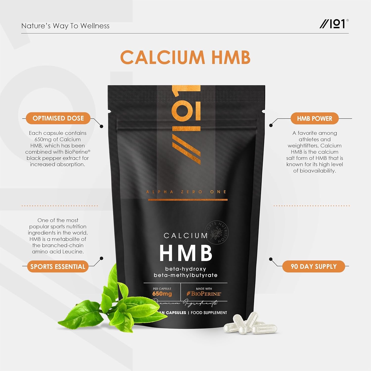HMB 650Mg with Bioperine® – High Strength Calcium HMB Beta-Hydroxy Beta-Methylbutyrate Supplement – 90 Vegan Capsules – Resealable and Recyclable Pouch by Alpha01