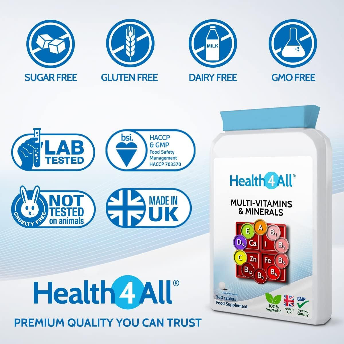 Health4All Multivitamins & Minerals One a Day 360 Easy to Swallow Tablets, 1 Year Supply, 100% RDA Daily Essential Nutrients for Men & Women, Supports Energy, Immunity & Overall Health | Made in UK