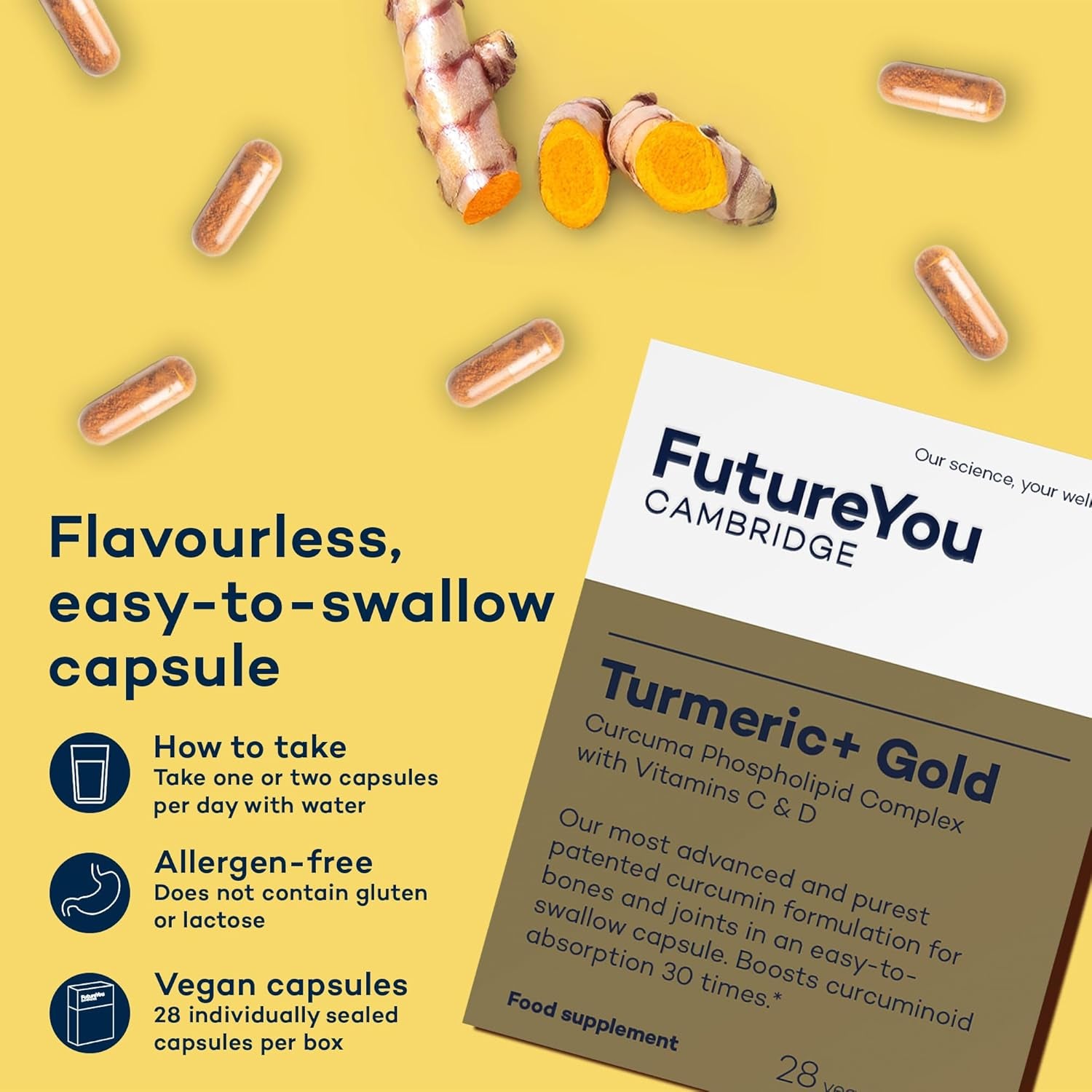 Turmeric+ Gold Supplement – 28 Turmeric Capsules High Strength – Curcumin Capsule Patented Meriva Formulation with Vitamins C & D – Tablets for Bones, Joints & Muscles by Futureyou Cambridge.