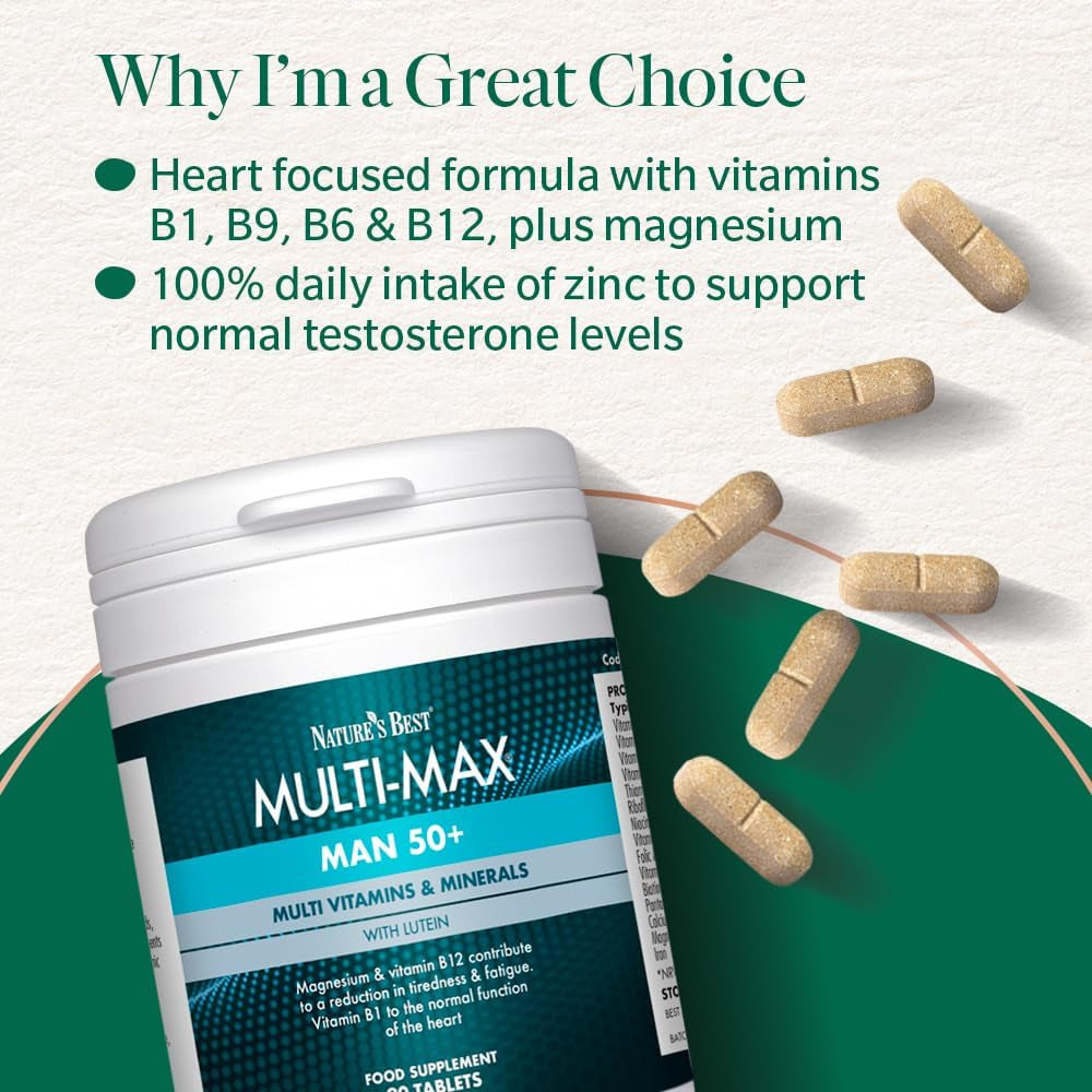 Nature'S Best Multi-Max Man 50+ Multivitamin - Targeted Support with Vitamin D, B and Magnesium for Energy & Cognitive Health for Men over 50 - UK Made - 90 Tablets (3 Months' Supply)