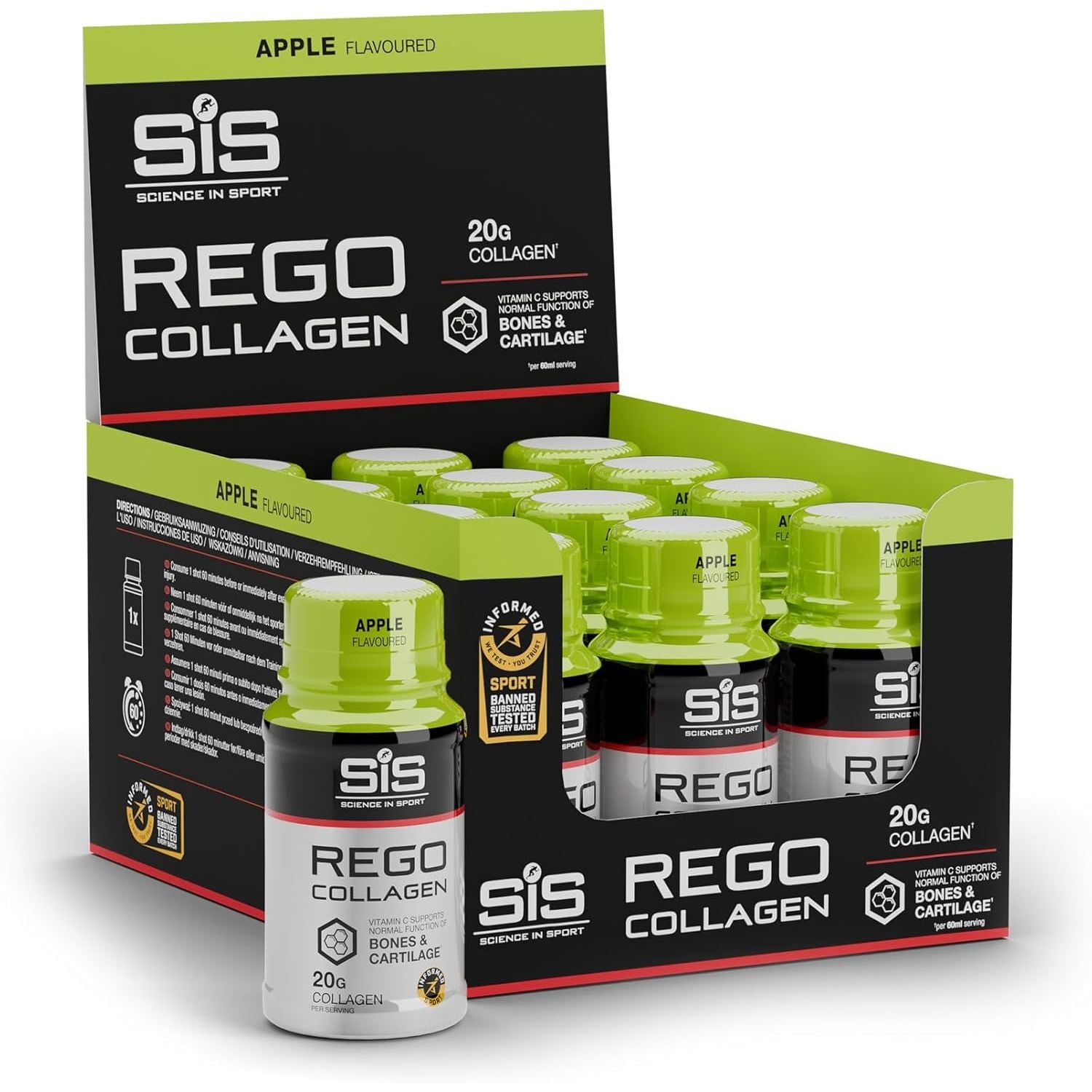 Science in Sport REGO Collagen Shot – Apple Flavour | 20G Bovine Collagen | Supports Bones, Joints & Muscle Recovery | 12 X 60Ml Shots