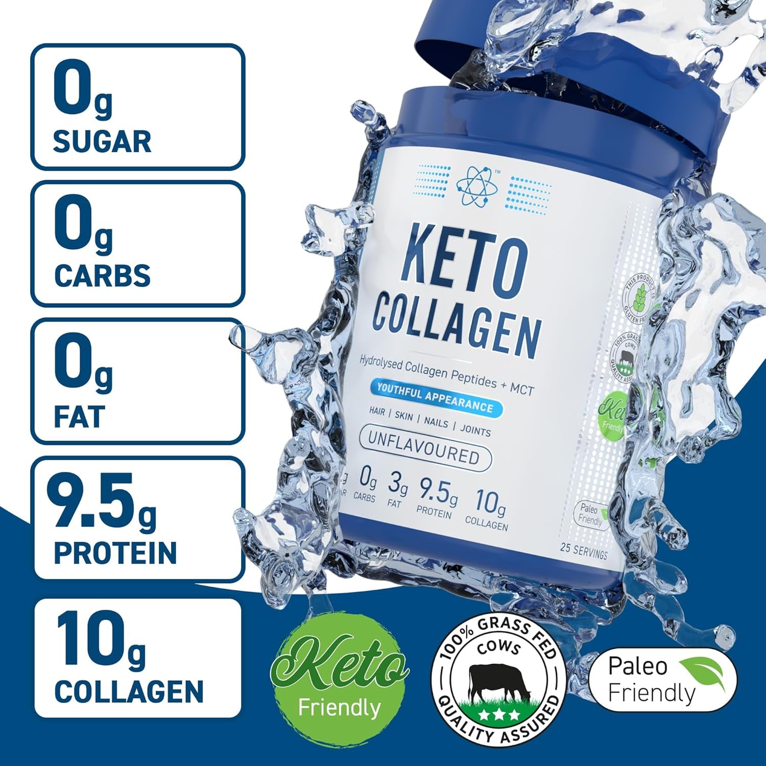 Applied Nutrition Keto Collagen Protein - Keto Protein Powder with MCT, Ketogenic & Paleo Diet, Zero Sugar & Carbs, Healthy Skin, Hair, Nails (Unflavoured) (325G - 25 Servings)