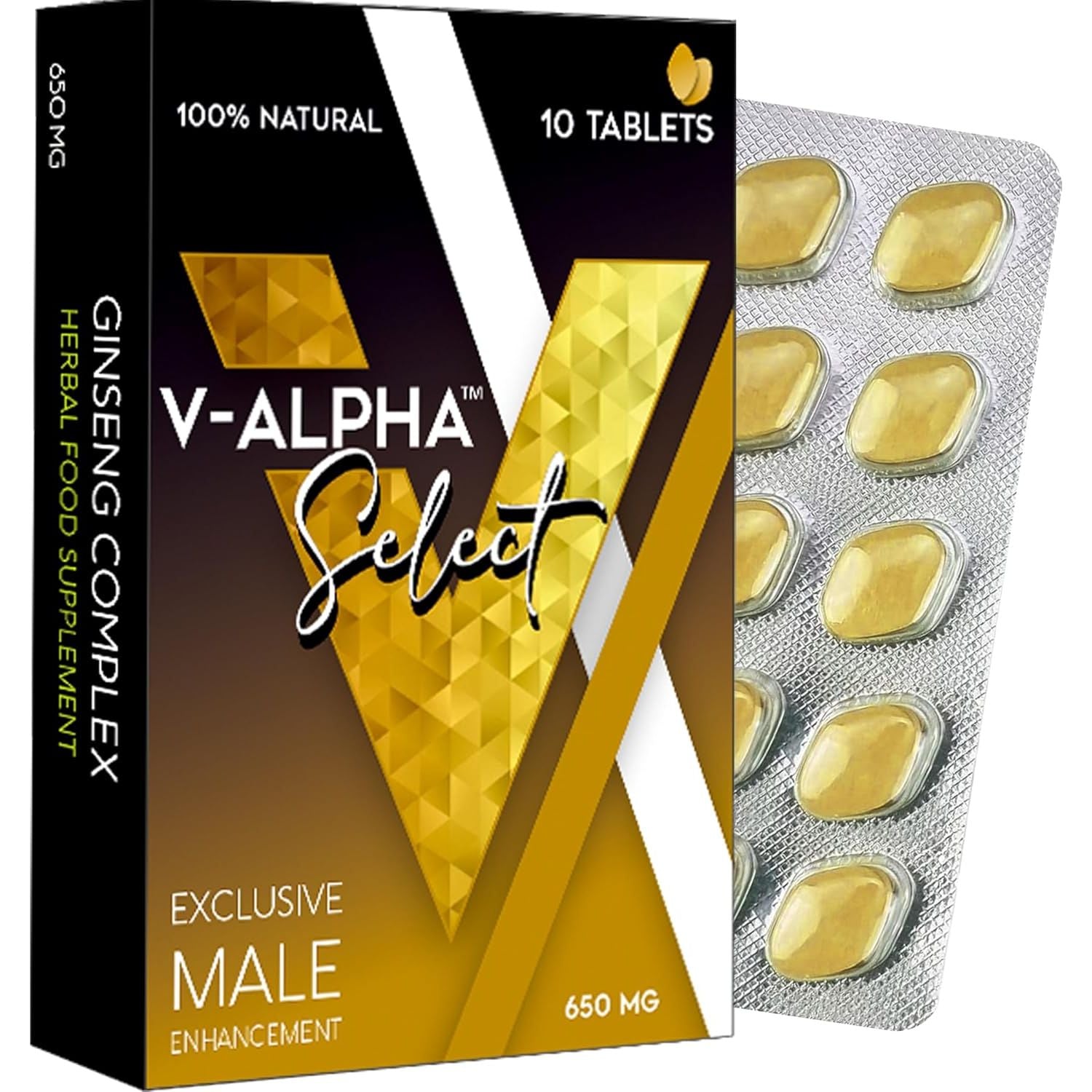 V-ALPHA Select - Longer, Stronger, and Harder – Performance and Stamina Endurance Booster Herbal Supplement for Men with Ginseng – 10 Tablets