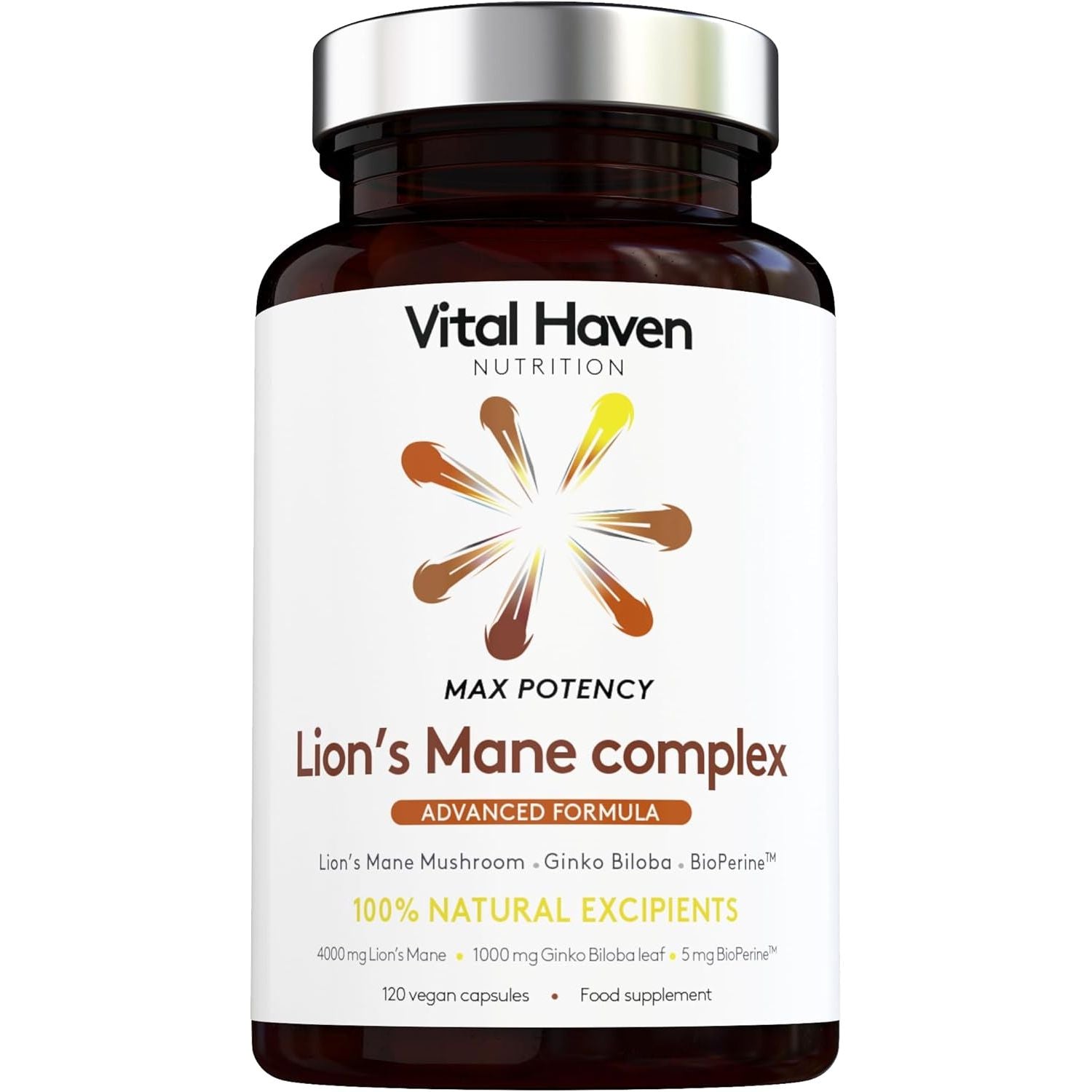 [Vital Haven] Complex Cognitive Formula - Lion'S Mane (4000Mg) & Gingko Biloba (1000Mg) - 120 Vegan Capsules - Max Potency - with Piperine for Maximal Absorption - Made in the UK