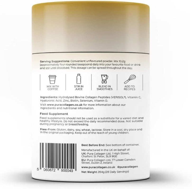 Pura Collagen Powdered Supplement Glow+, 10,000Mg Hydrolysed Peptides, Hyaluronic Acid, Vitamins & Minerals, 28 Servings, 284 G