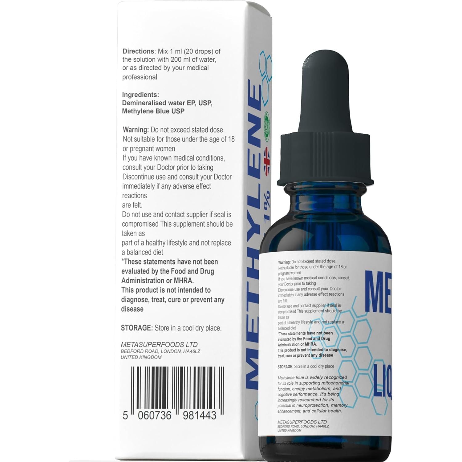 Methylene Blue 1% Solution Drops 120 Ml | Highest Purity 99.99% | USP Pharma Grade Ingredients | High Strength Methylene Supplement | Formaldehyde Free | Multiminerals | Glass Bottle | UK Company