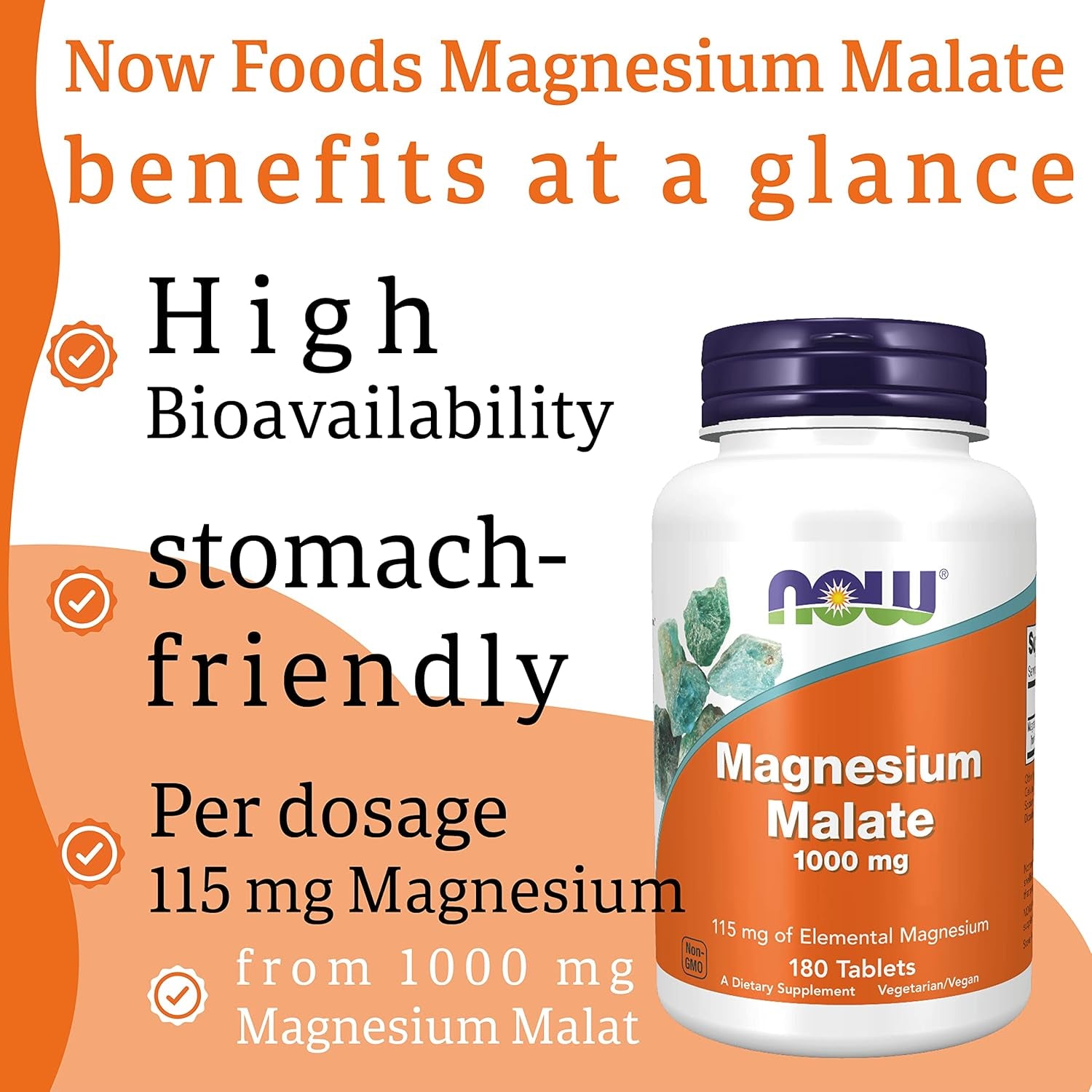 Now Foods, Magnesium Malate, 1,000Mg, 180 Vegan Tablets, Lab-Tested, Gluten Free, Soy Free, Vegetarian