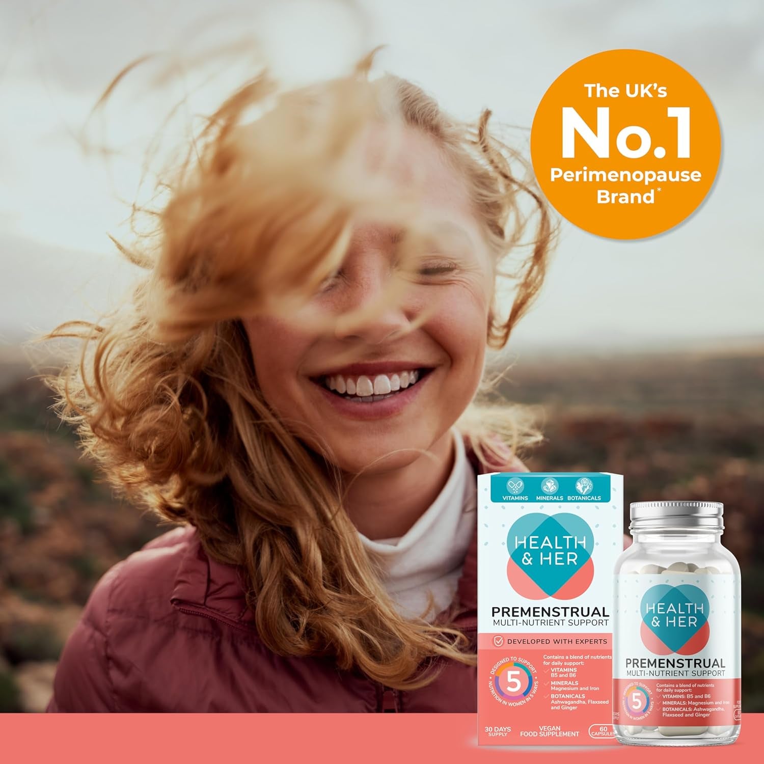 Health & Her Premenstrual Supplements for Women - with Ashwagandha, Flaxseed and Ginger Root - 1 Month Supply, 60 Capsules - Vegan & Gluten Free