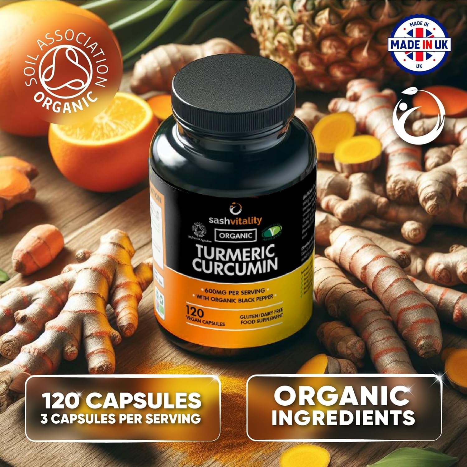 Organic Turmeric Curcumin 600Mg Serving with Organic Black Pepper | 120 Vegan Capsules | High Potency Antioxidant & Absorption | Certified Organic Supplement – UK Made Sash Vitality