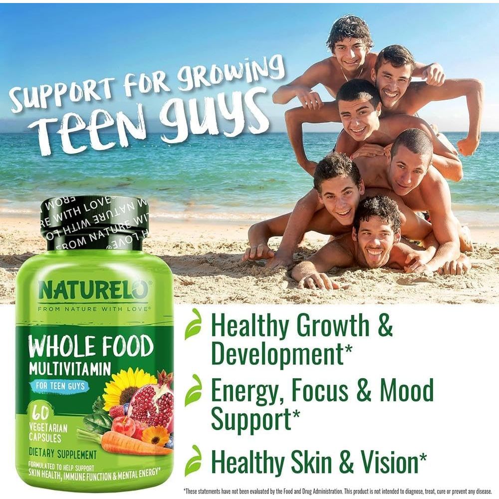 NATURELO Whole Food Multivitamin for Teenage Boys - Daily Vitamin & Mineral Supplement - with D3, Zinc, B12 & Plant Extracts - 60 Vegan Capsules | 1 Month Supply
