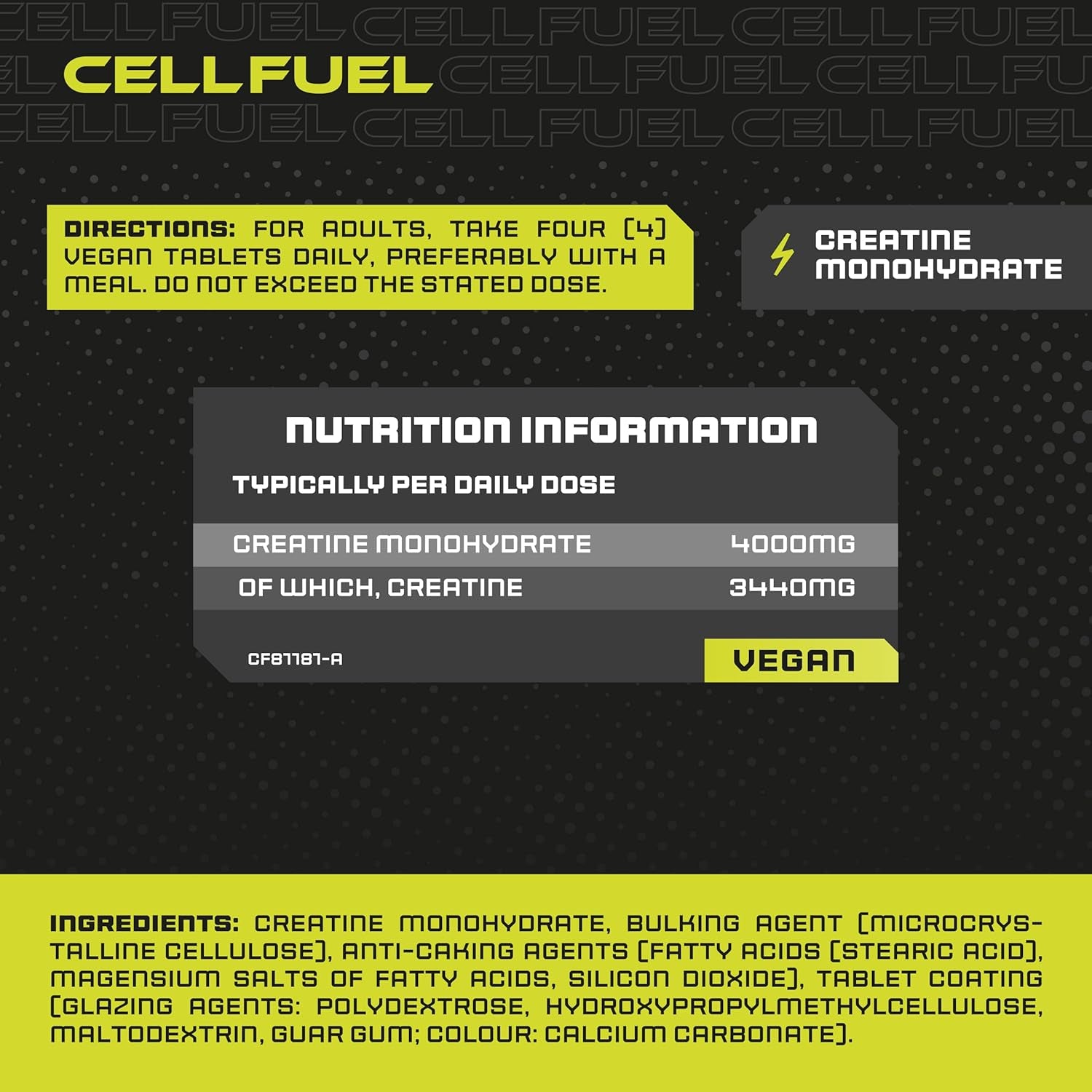 Creatine Monohydrate Tablets 4000Mg | High Strength | 365 Vegan Pills | by CELLFUEL