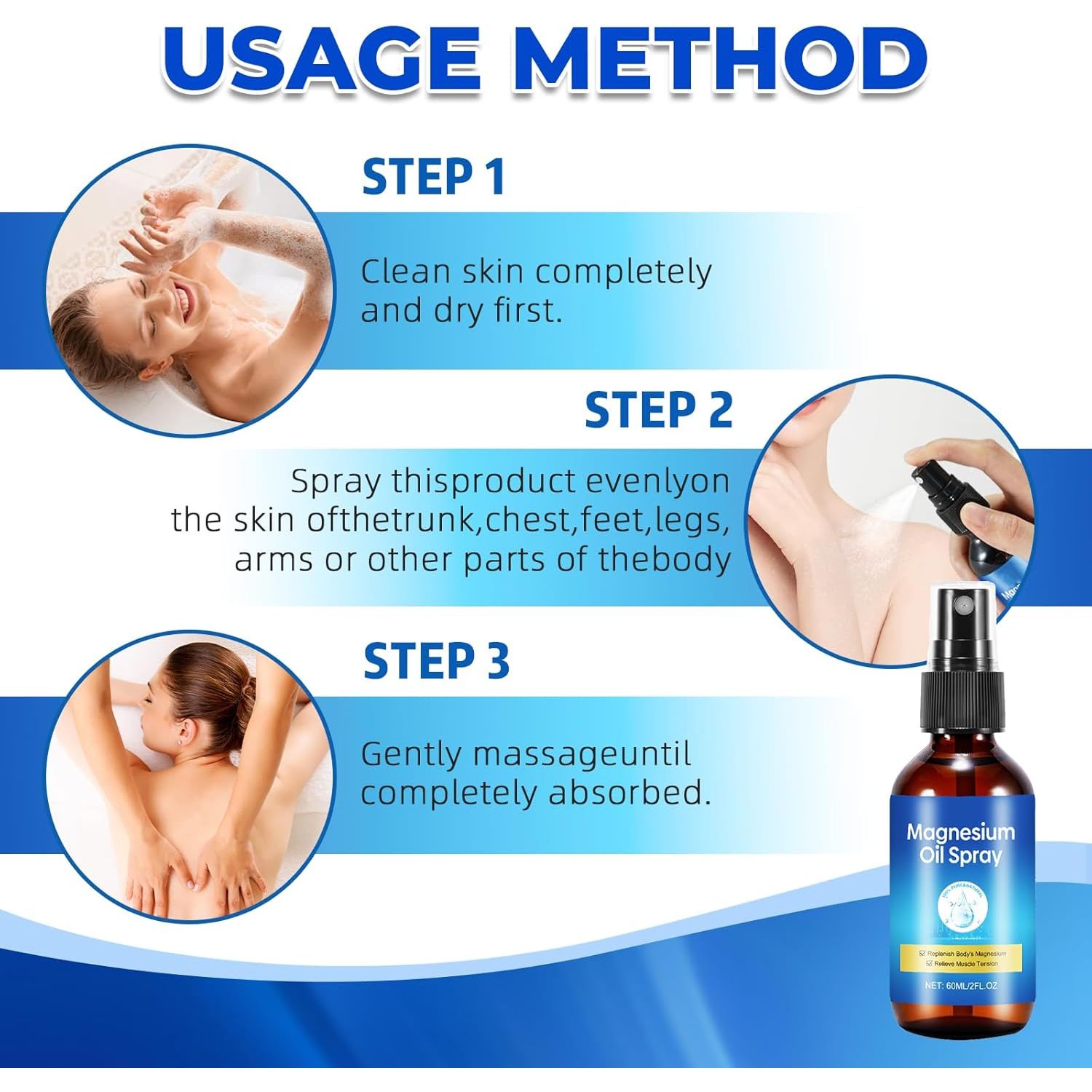 Pure Magnesium Oil Spray, Foot Magnesium Spray, Leak-Proof Portable Package, Magnesium Oil Body Care Natural Formula, Easy to Absorb and Soothe.