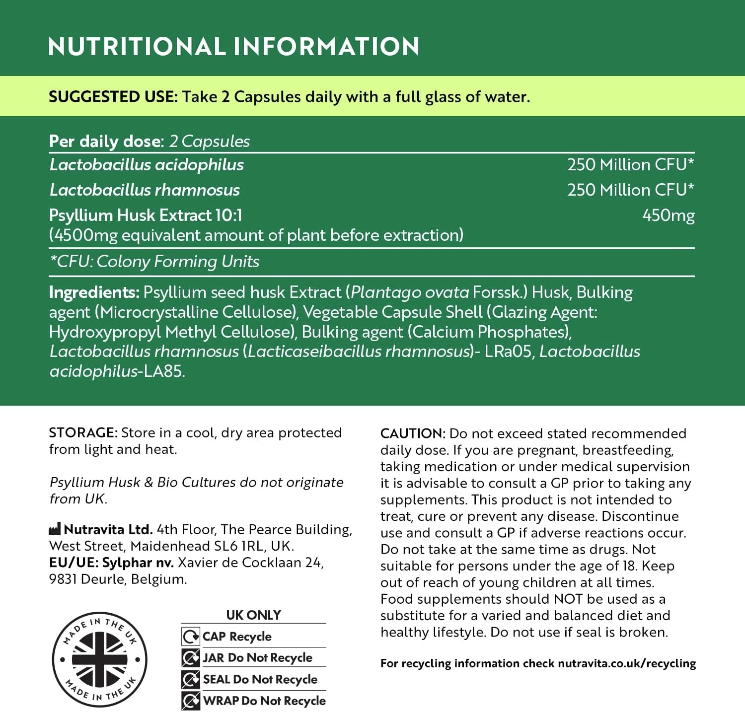 Psyllium Husk 4500Mg with 500 Million CFU, 180 Psyllium Husks Capsules for 3 Months of Supply - Fibre Supplement Psyllium Husk Powder Alternative - Made in the UK by Nutravita