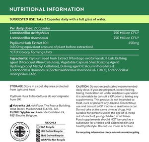 Psyllium Husk 4500Mg with 500 Million CFU, 180 Psyllium Husks Capsules for 3 Months of Supply - Fibre Supplement Psyllium Husk Powder Alternative - Made in the UK by Nutravita