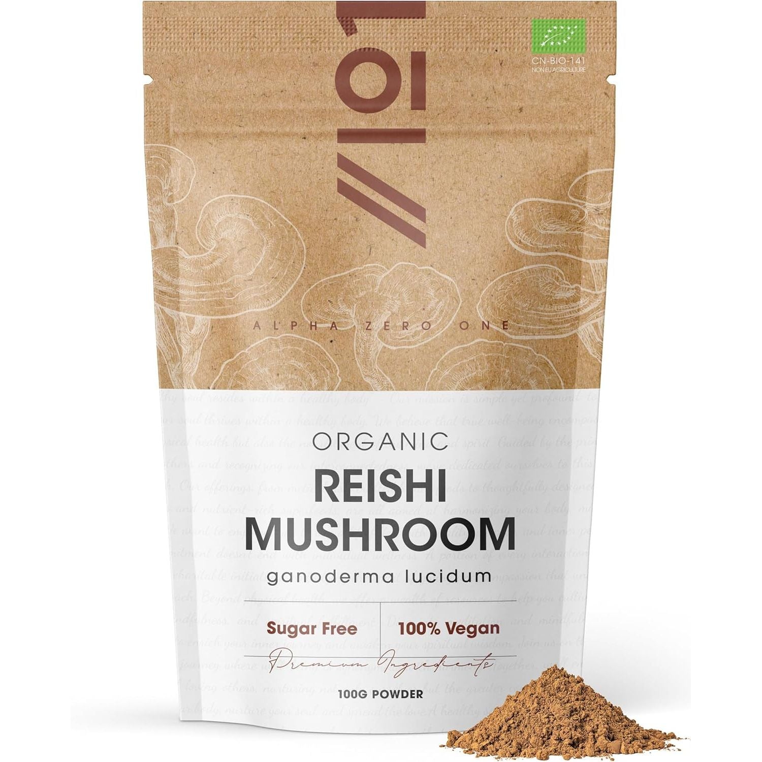 Organic Reishi Mushroom Powder 100G – Pure Ganoderma Lingzhi Reishi Supplement Powder – Resealable and Recyclable Pouch – by Alpha01