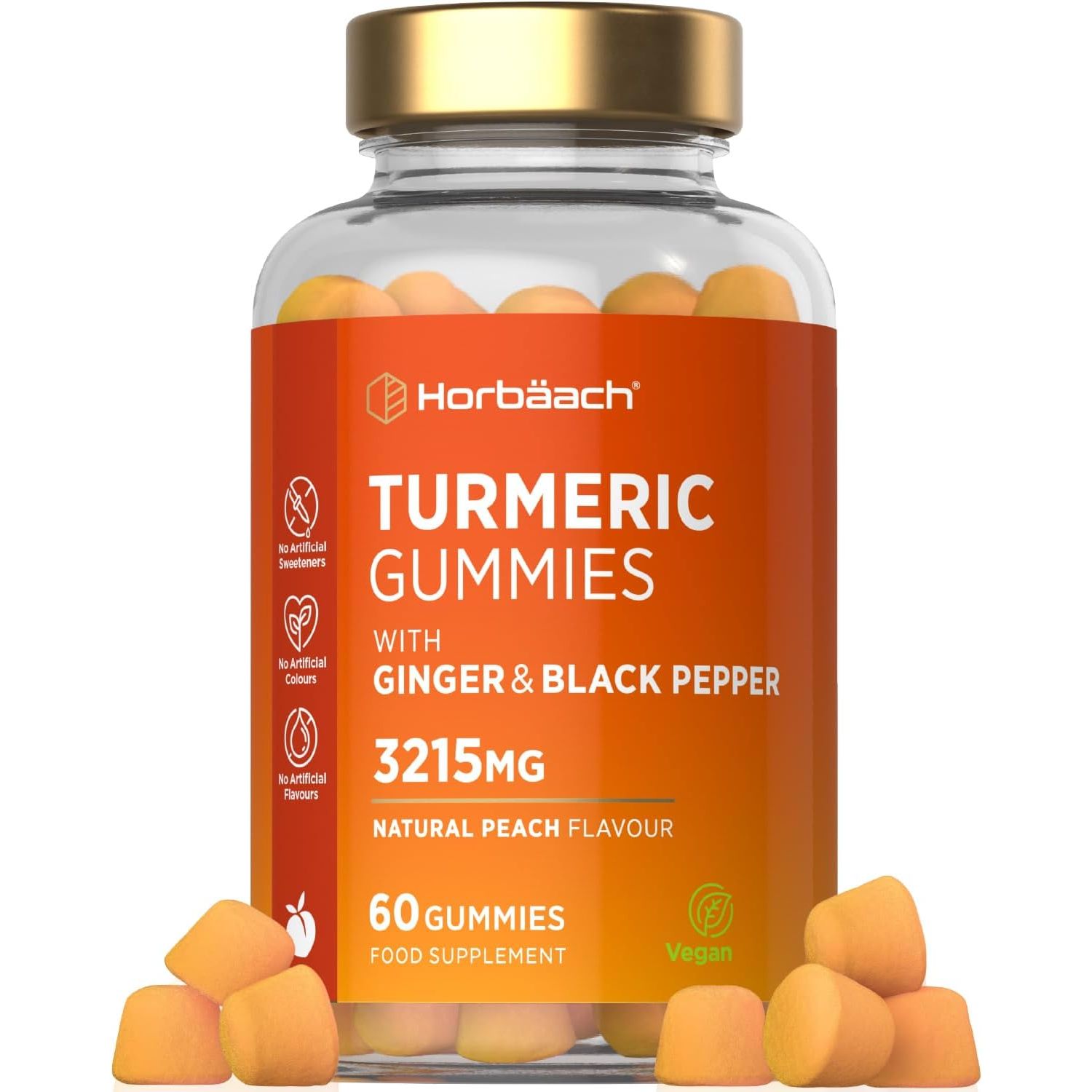 Turmeric Gummies with Black Pepper & Ginger 3215Mg | High Strength Turmeric Curcumin Supplement | 60 Vegan Gummies | Natural Peach Flavour - Tablet Alternative | by Horbaach