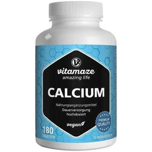 Calcium Tablets High Strength -180 Tablets for 3 Months - 2028Mg Calcium Carbonate per Daily Dose -Organic and Vegan Food Supplement without Additives