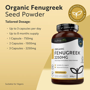 Organic Fenugreek Capsules - up to 8 Months of Supply and 2250Mg, 240 Capsules 100% Pure Fenugreek Powder - Soil Association Certified, Vegan Supplement, Made in the UK by Nutravita
