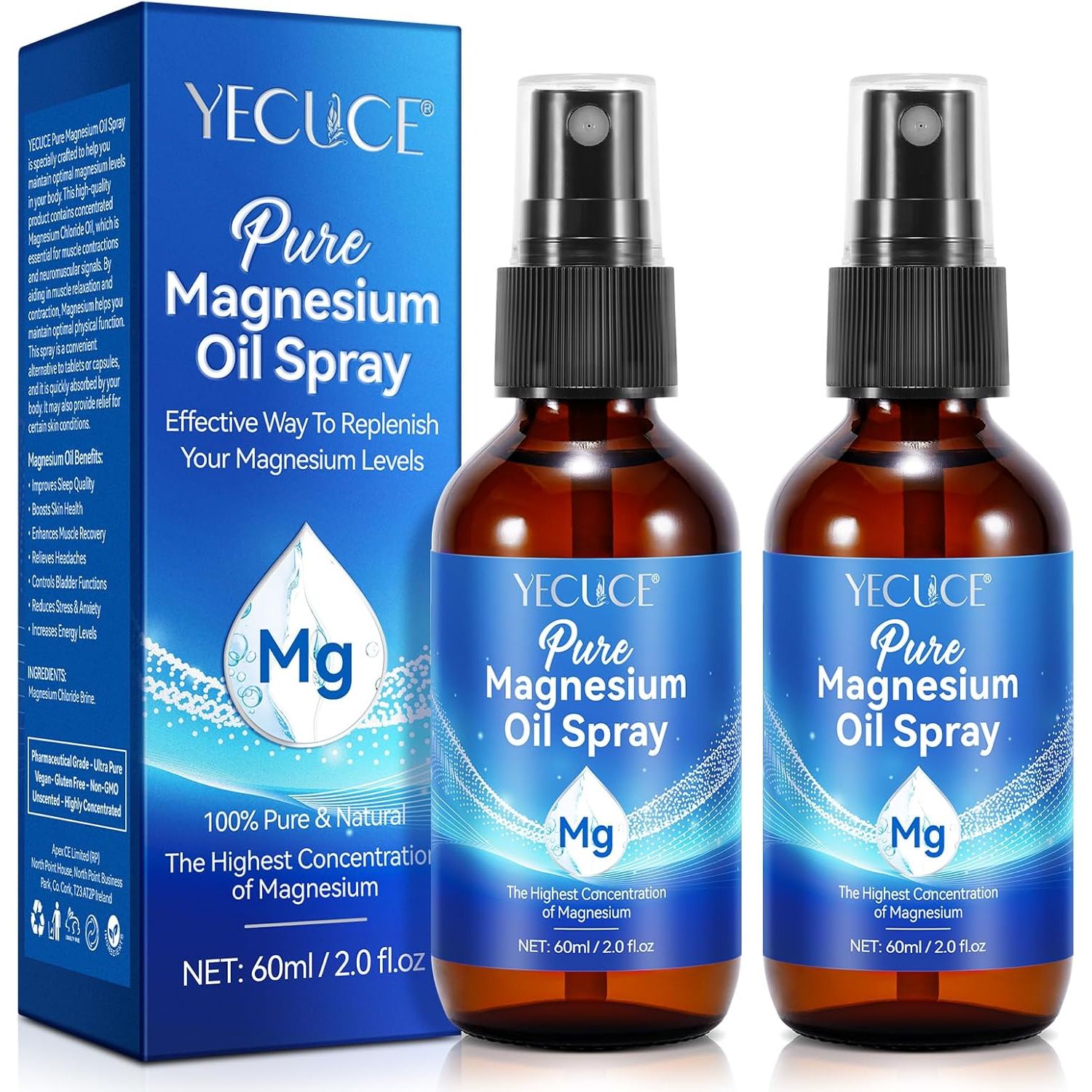 Magnesium Spray - Pure Magnesium Oil for Feet, 100% Natural Topical Magnesium Foot Body Skin Nourish Spray, Magnesium Spray for Sleep (2 Pack 2X60Ml)