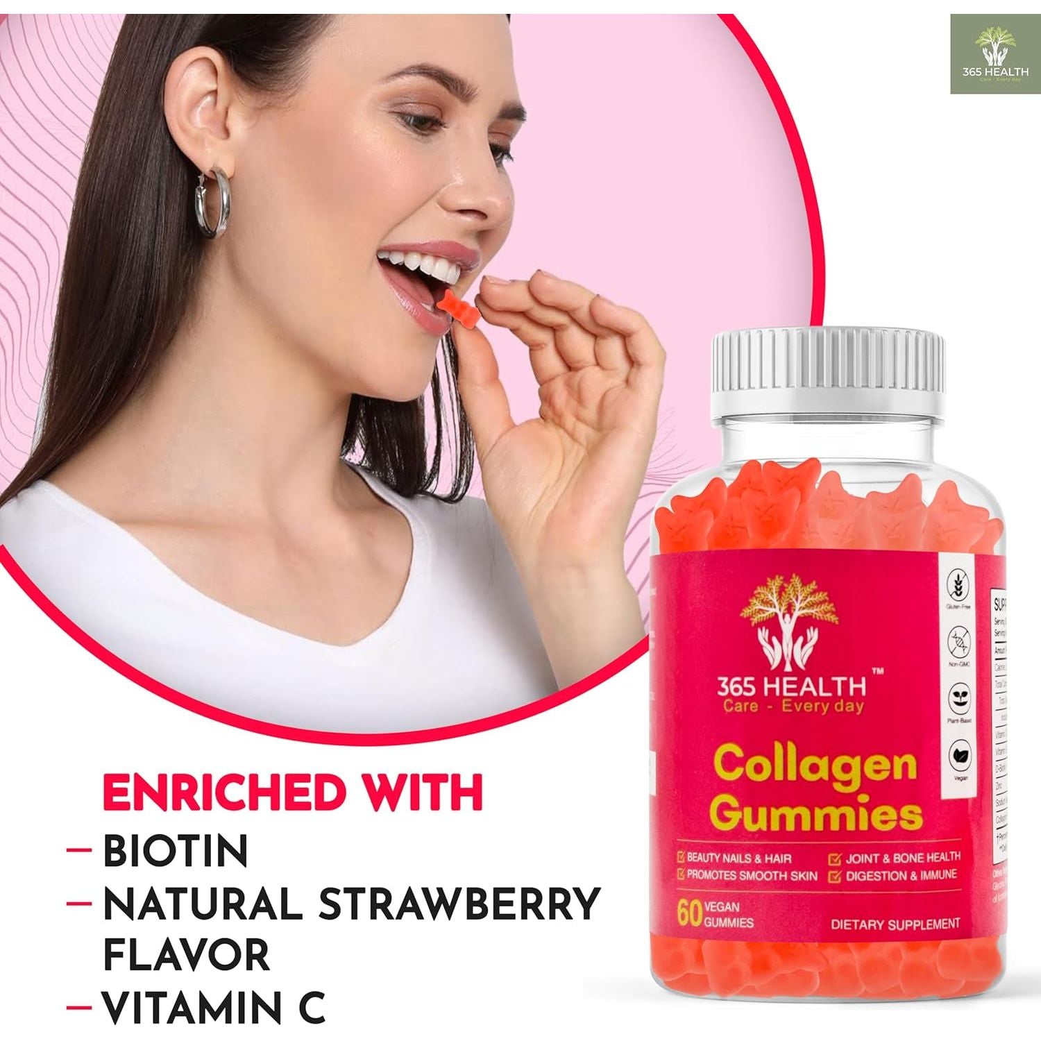 Brighter Eyes, Stronger Nails, Shiny Hair. 60X Vegan, Plant Based Collagen Gummies. Gluten Free. Delicious Strawberry Flavour. Contains Biotin + Vitamin C.