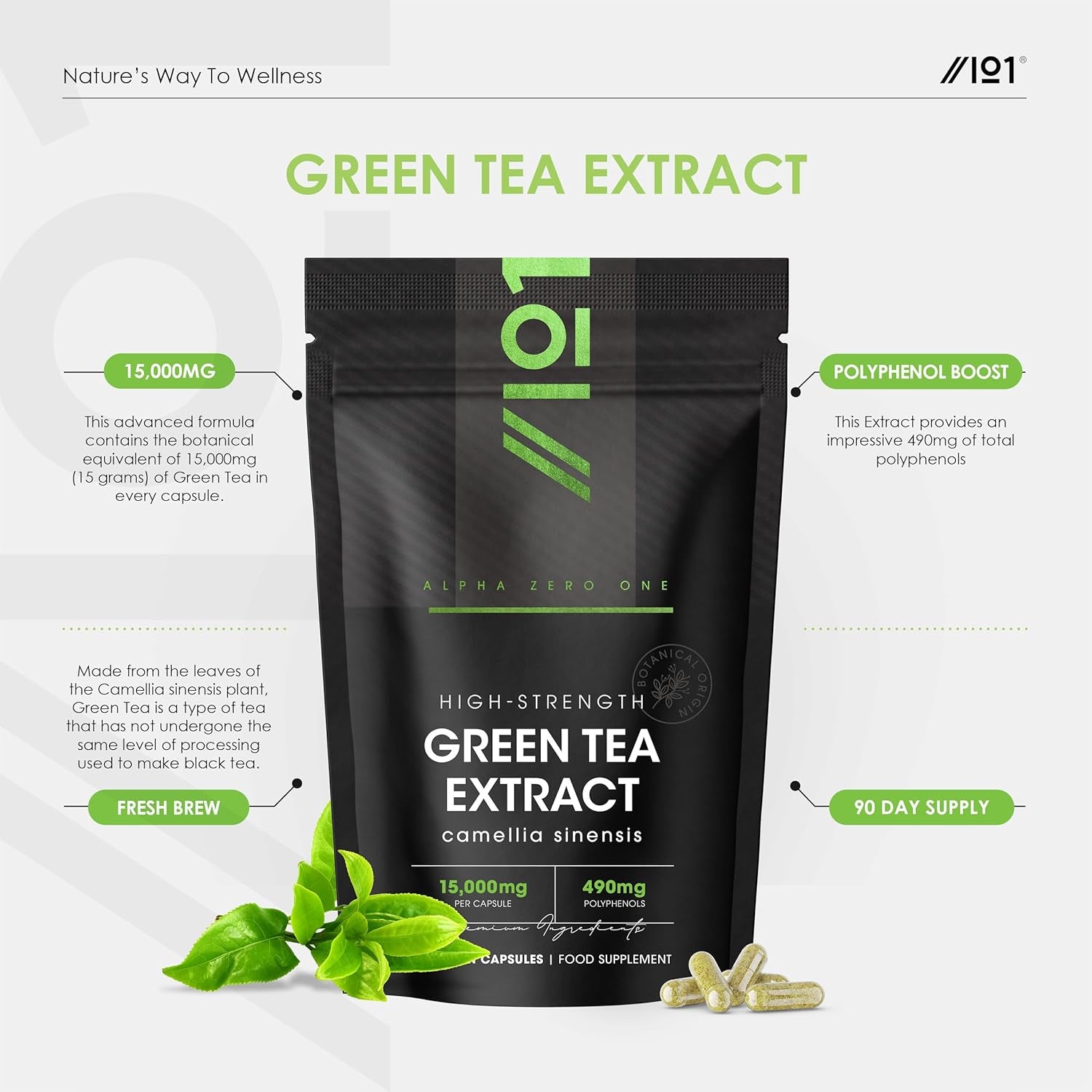 Green Tea Extract 15,000Mg - 95% Polyphenols (490Mg per Capsule) - 90 Vegan Capsules (3 Months Supply) - Resealable and Recyclable Pouch - by Alpha01