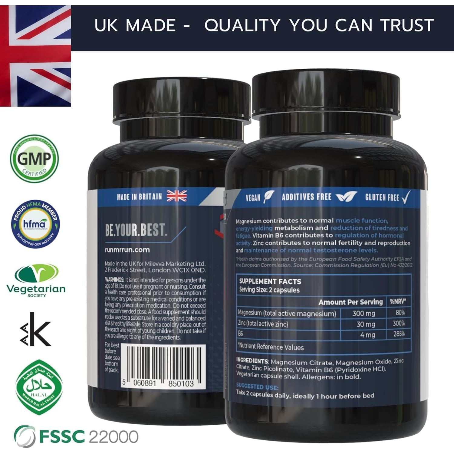 Zinc Magnesium Supplement for Men, 120 Capsules - Muscle & Sleep Support, High Strength Magnesium Zinc Tablets with VIT B6 - Muscle Growth Recovery Performance - Vegan, UK Made - 60 Servings