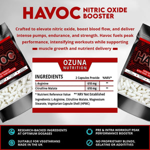 Havoc Nitric Oxide Supplement with L Arginine & Citrulline Malate for Muscle Growth, Pumps, Vascularity, & Energy - Extra Strength Pre/Intra Workout N.O. Booster & Muscle Builder - 60 Capsules