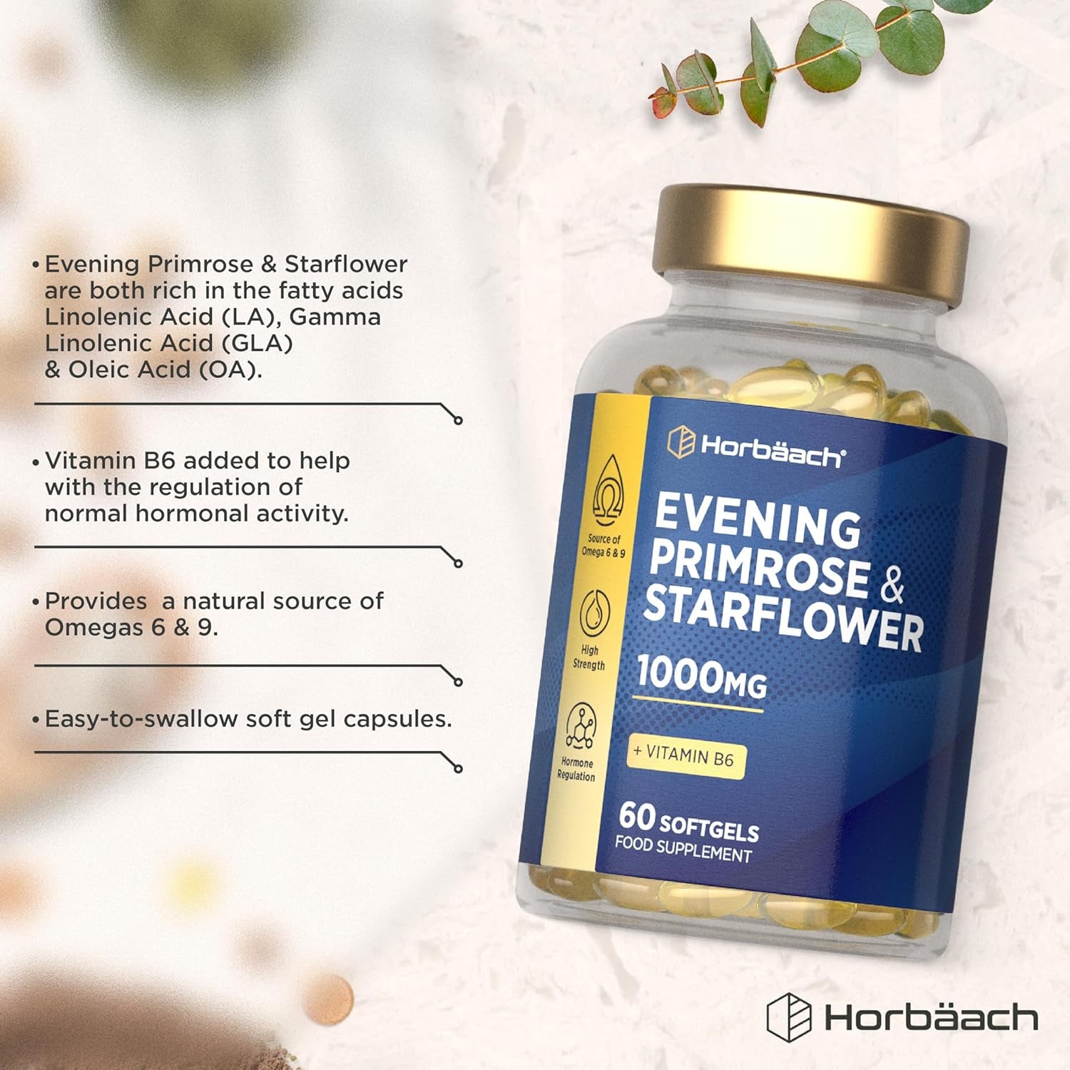 Evening Primrose and Starflower Oil Capsules 1000Mg | with Vitamin B6 | 60 Softgels | Rich Source of Omega 6 GLA & 9 Oleic Fatty Acids | by Horbaach