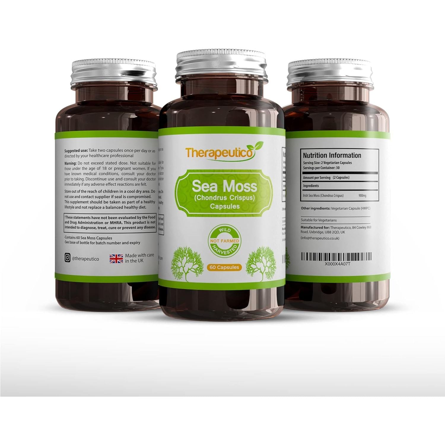 Sea Moss Capsules | Wild Harvested | 60 Veg Capsules | Full Spectrum | Chondrus Crispus | Premium Supplement | Vegan | No Binders, Fillers, Additives | UK Made