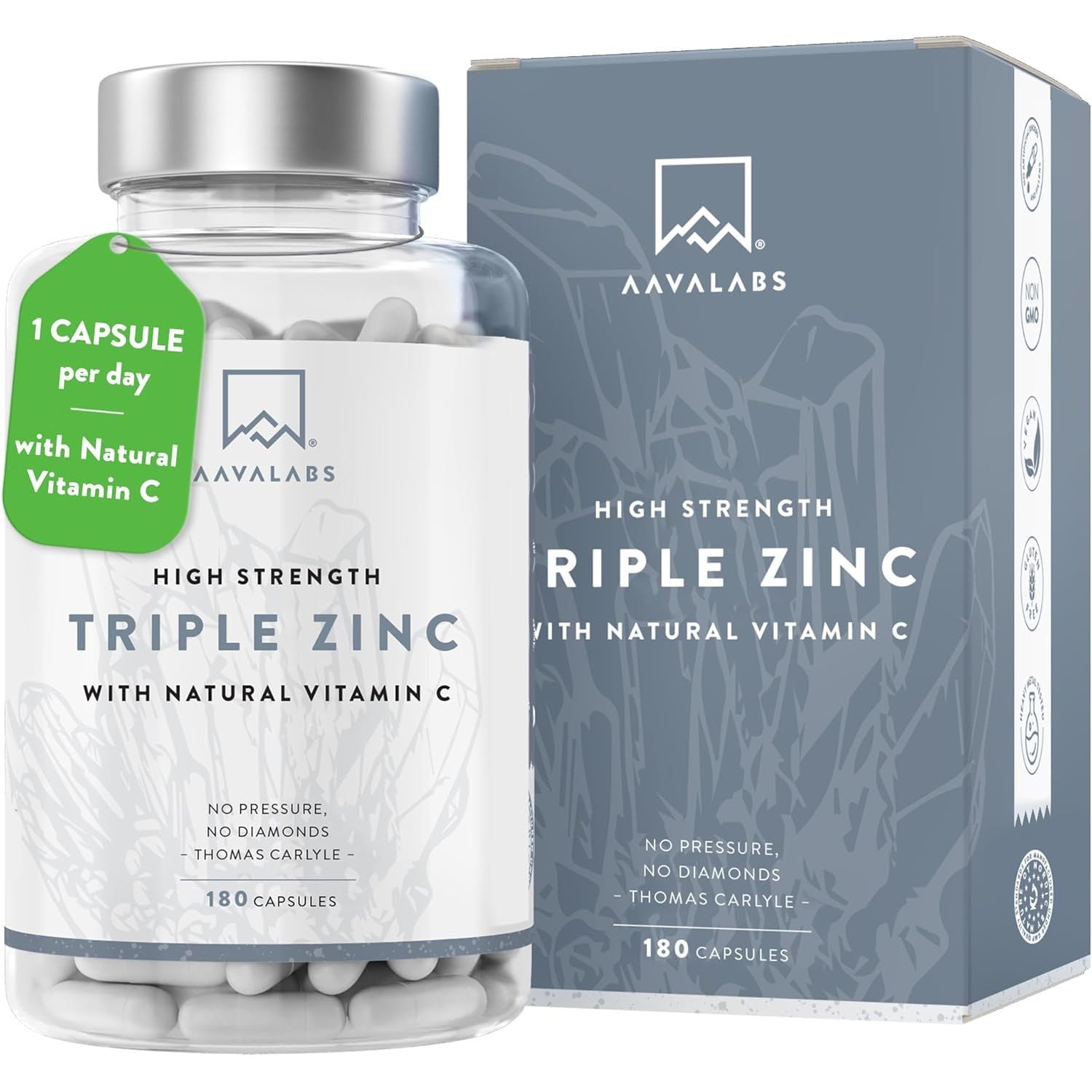 Triple Zinc 25Mg - 3 Forms of Zinc with Natural Vitamin C - Zinc Picolinate, Zinc Bisglycinate and Zinc Monomethionine - 180 High Strength Zinc Tablets - 6 Months Supply - Zinc Supplements