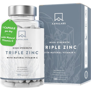 Triple Zinc 25Mg - 3 Forms of Zinc with Natural Vitamin C - Zinc Picolinate, Zinc Bisglycinate and Zinc Monomethionine - 180 High Strength Zinc Tablets - 6 Months Supply - Zinc Supplements