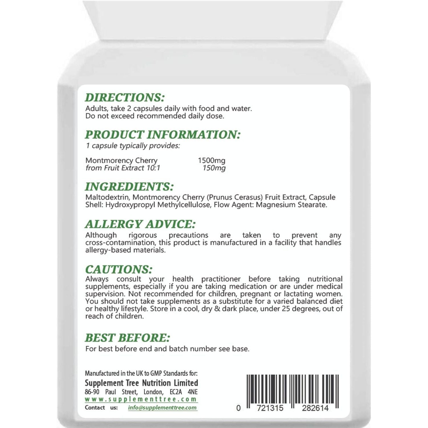 Montmorency Cherry Capsules 1500Mg - 90 Vegan Capsules - High Strength Pure Freeze Dried Cherry Powder Extract - 3000Mg per Daily Serving - UK Manufactured