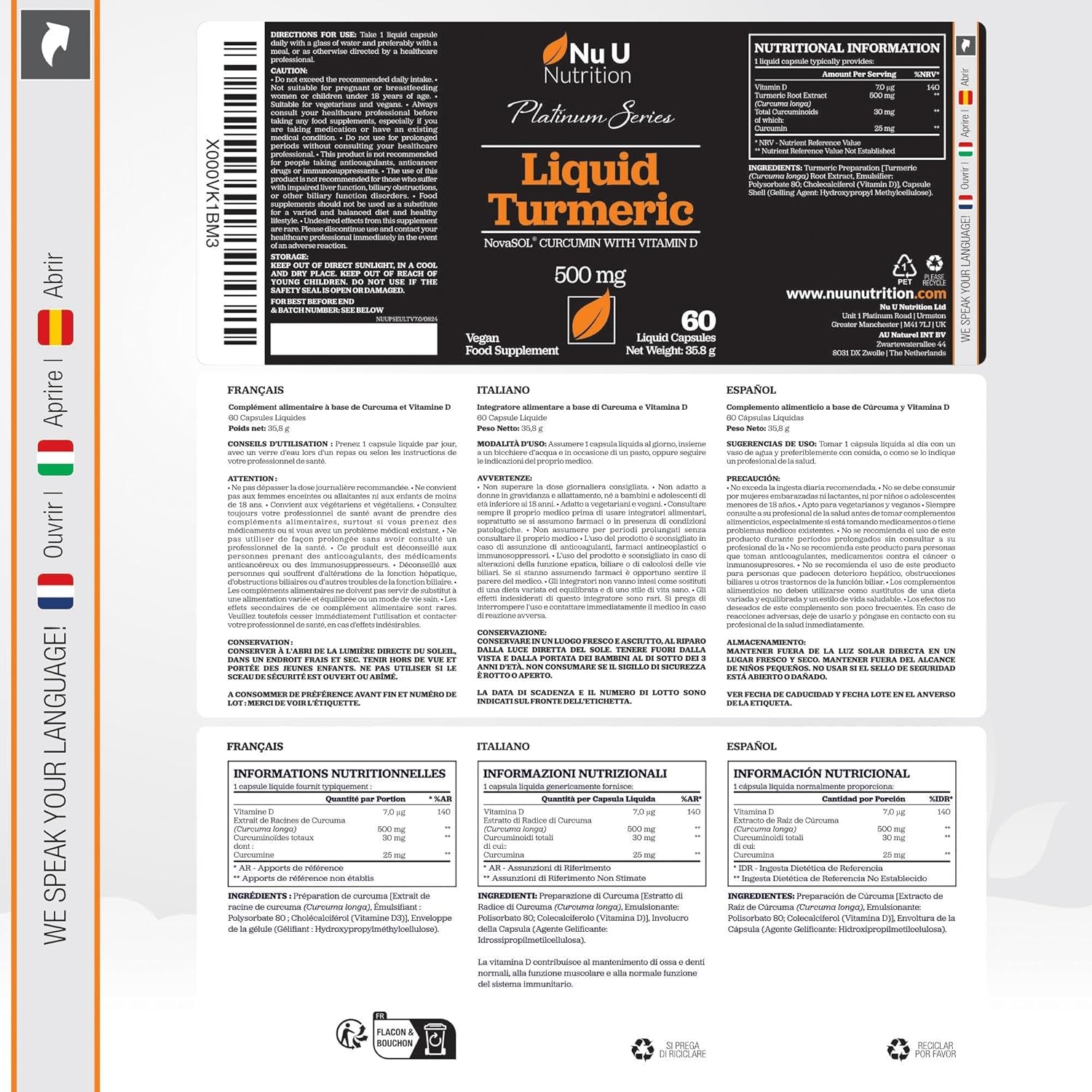 Novasol® Curcumin - Liquid Turmeric with Vitamin D - 60 Vegetarian Capsules - 185X More Bioavailability - High Strength Tumeric Supplement - Made in the UK - Nu U Nutrition