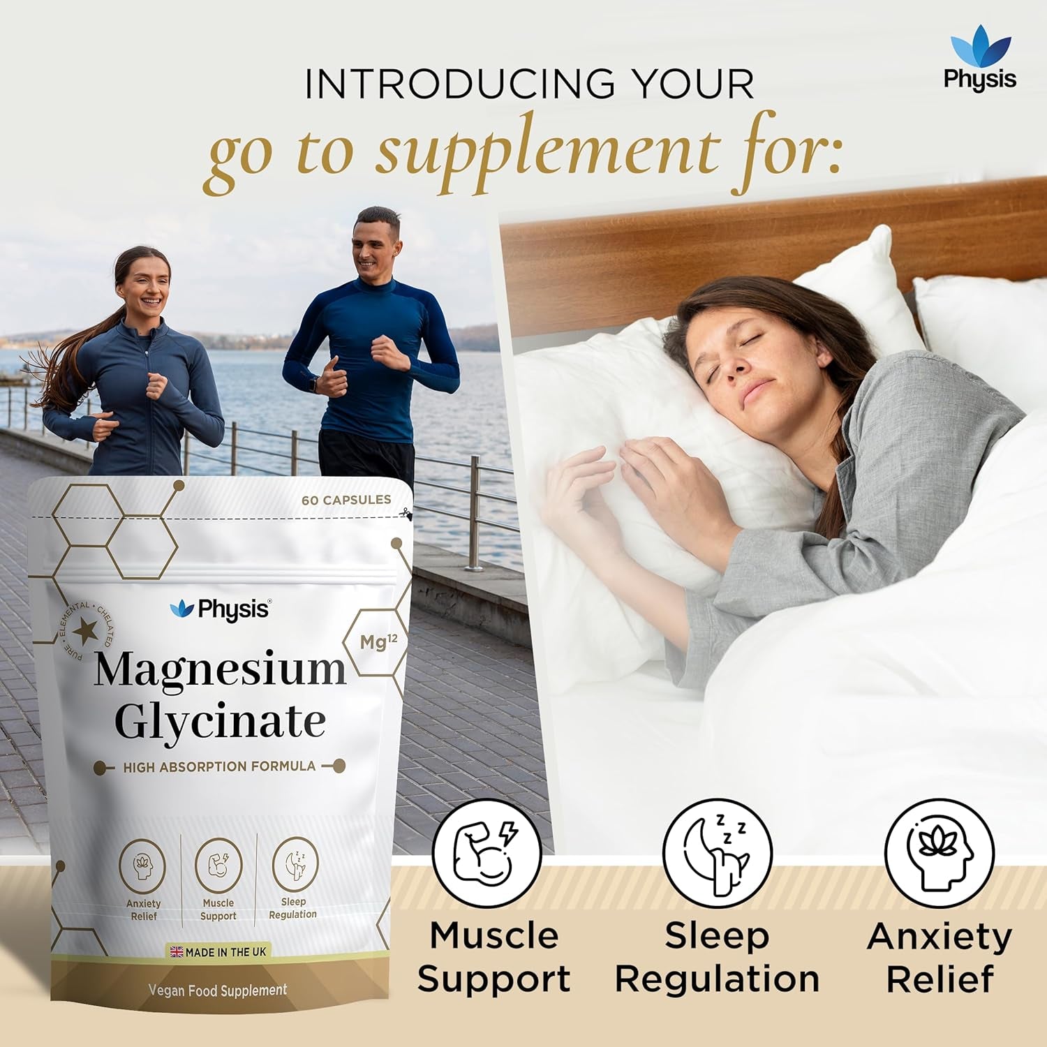 Physis Magnesium Glycinate 400Mg Daily | High Absorption Vegan Capsules for Sleep, Mood & Muscle Support | Non-Laxative, Natural Mineral | Relaxation, Stress & Anxiety Relief | 60 X Chelated Capsules