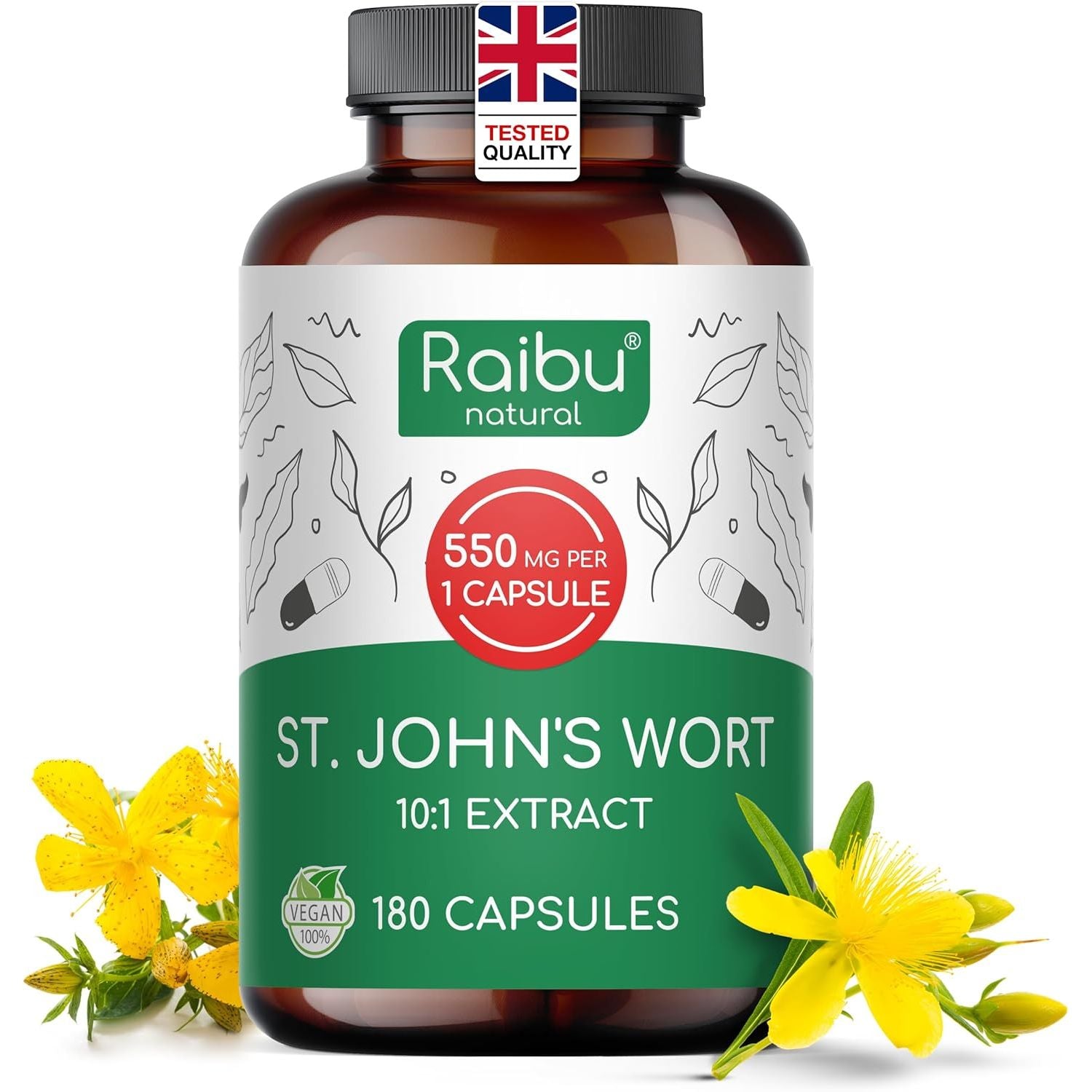 St John'S Wort - 550 Mg St John'S Wort Extract per Capsule - Mood & Emotional Wellbeing - Maximum Strength, 6-Month Supply - 180 Vegan Capsules, No Additives - Raibu