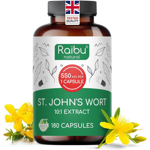 St John'S Wort - 550 Mg St John'S Wort Extract per Capsule - Mood & Emotional Wellbeing - Maximum Strength, 6-Month Supply - 180 Vegan Capsules, No Additives - Raibu