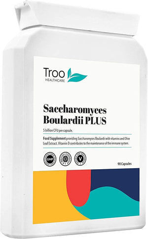 Troo Health Care Saccharomyces Boulardii Supplement - 90 Capsules – 5 Billion Cfu with Olive Leaf, Biotin and Vitamin D - Highly Stable Friendly Yeast to Support Gut Bacteria Balance