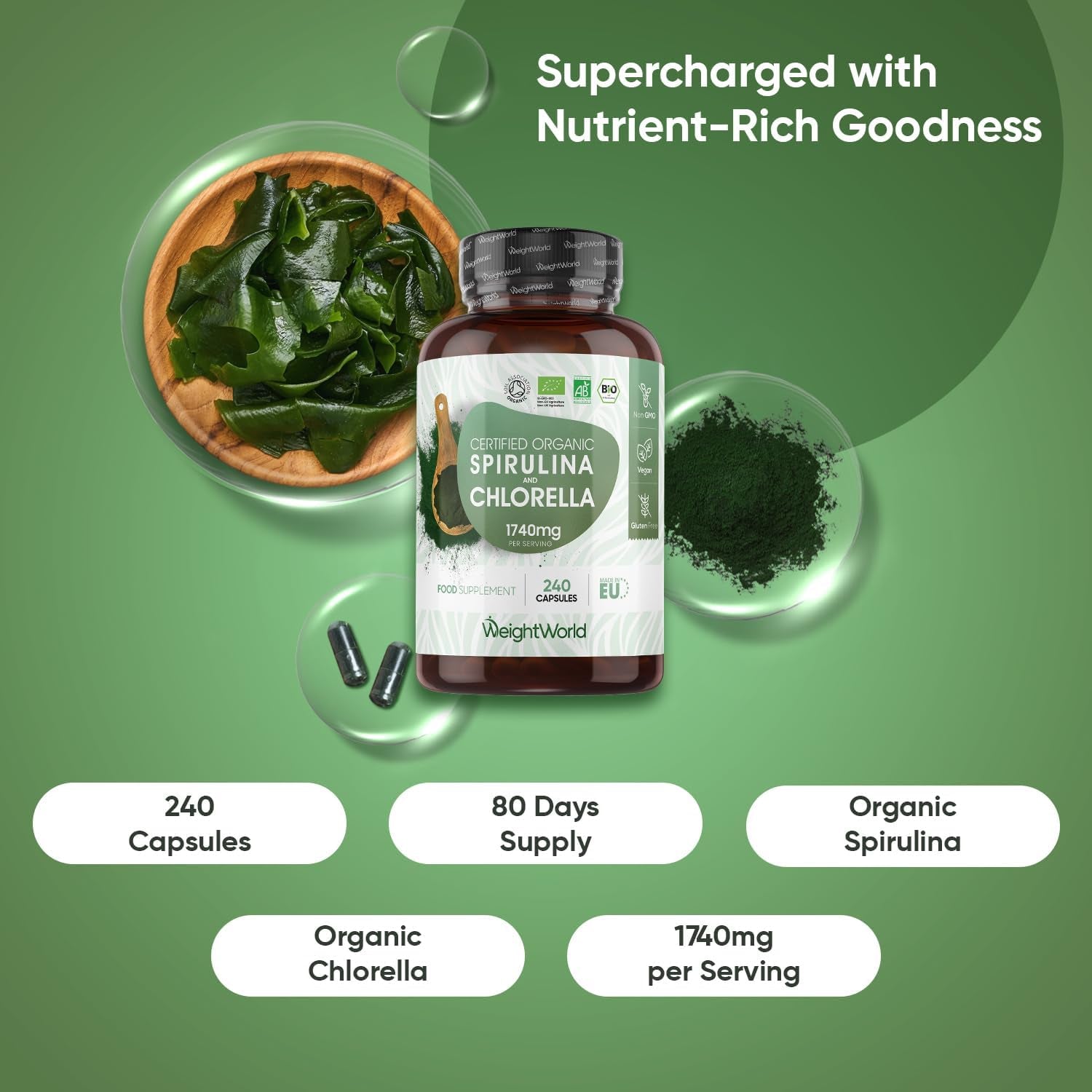 Organic Spirulina and Chlorella Capsules - 80 Days Supply - 240 Capsules - Soil Association Certified - Nutrient-Rich Algae Superfoods - Chlorella and Spirulina Herbal Supplements with No Additives