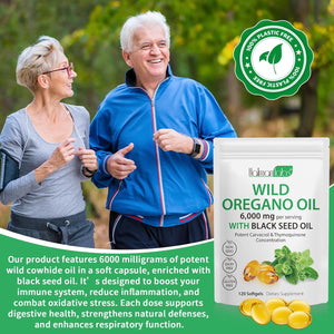 Oregano Oil 120 Softgels - 2 in 1 6000Mg Oil of Oregano with Black Seedoil 200Mg - 165Mg Carvacrol -Natural & Non GMO -High Potency Immune and Digestive Support
