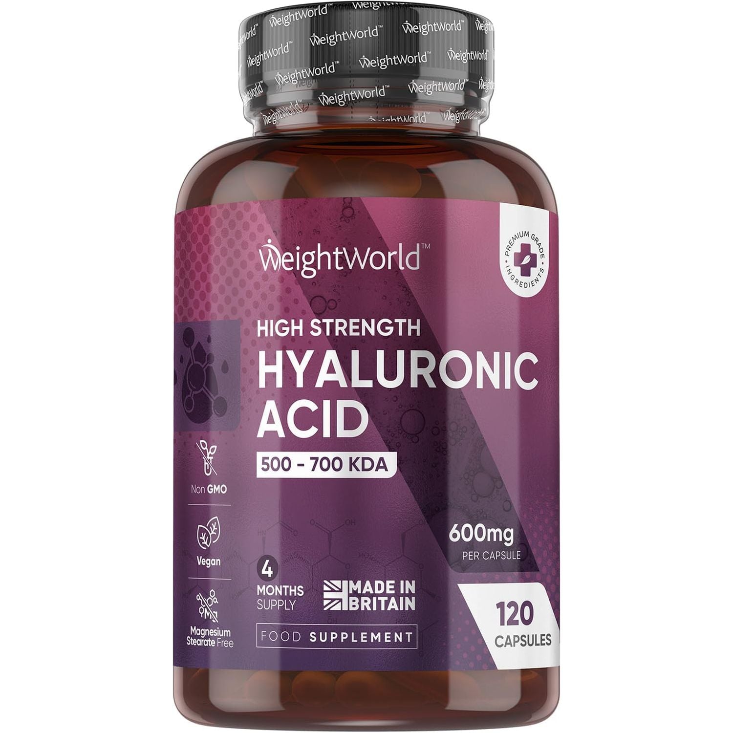 Hyaluronic Acid Supplement 600Mg (500-700 KDA) - 120 Capsules - 4 Months Supply - Vegan High Strength Hyaluronic Acid Capsules - for Women & Men