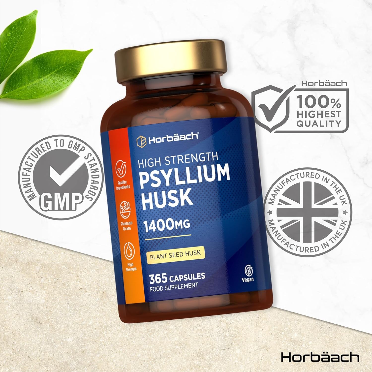 Psyllium Husk Capsules 1400Mg | Fibre Supplement | 365 Vegan Capsules (6-Month Supply) | High Strength Psyllium Husk Powder | Natural Prebiotic | by Horbaach