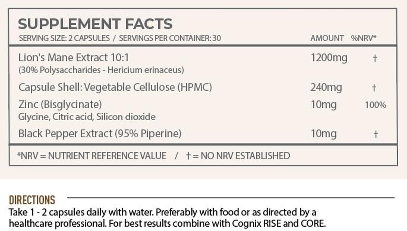 High Potency Lions Mane Supplement 12,000Mg with Zinc for Normal Cognitive Function & Cell Protection - Maximum Strength Organic Lions Mane - 30% Polysaccharides - UK Made 60 Capsules (30 Servings)