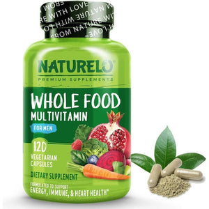 NATURELO Whole Food Multivitamin for Men - with Natural Vitamins, Minerals, Botanical Blends - Complete All-In-One Formula for Energy, Brain, Heart, Eye Health - 120 Vegan Capsules | 1 Month Supply