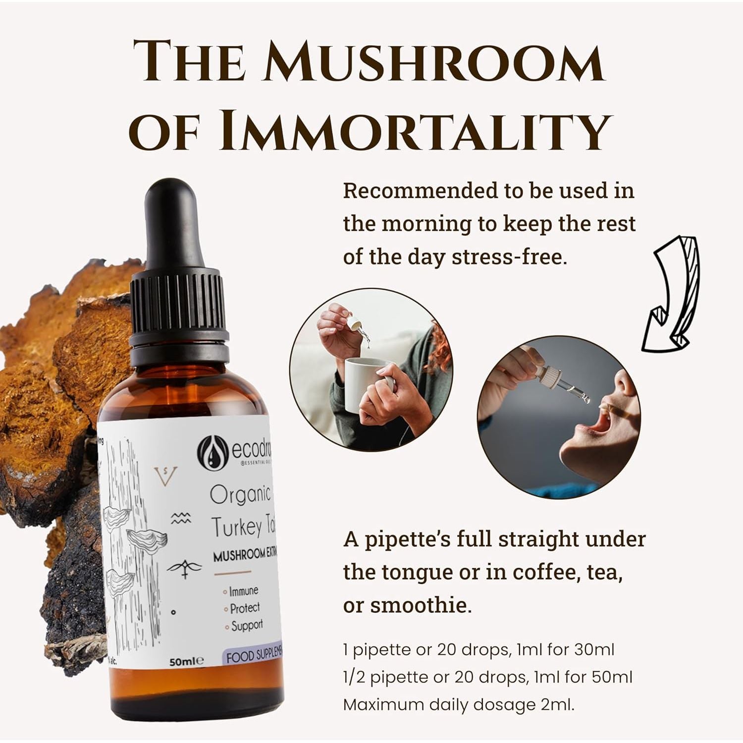 Ecodrop Organic Turkey Tail Mushroom I 50Ml I Double Extract Liquid Tincture Turkey Tail Supplement I Heavy Metal-Free, Nordic Sourced, & Fully Traceable I Manufactured in Finland