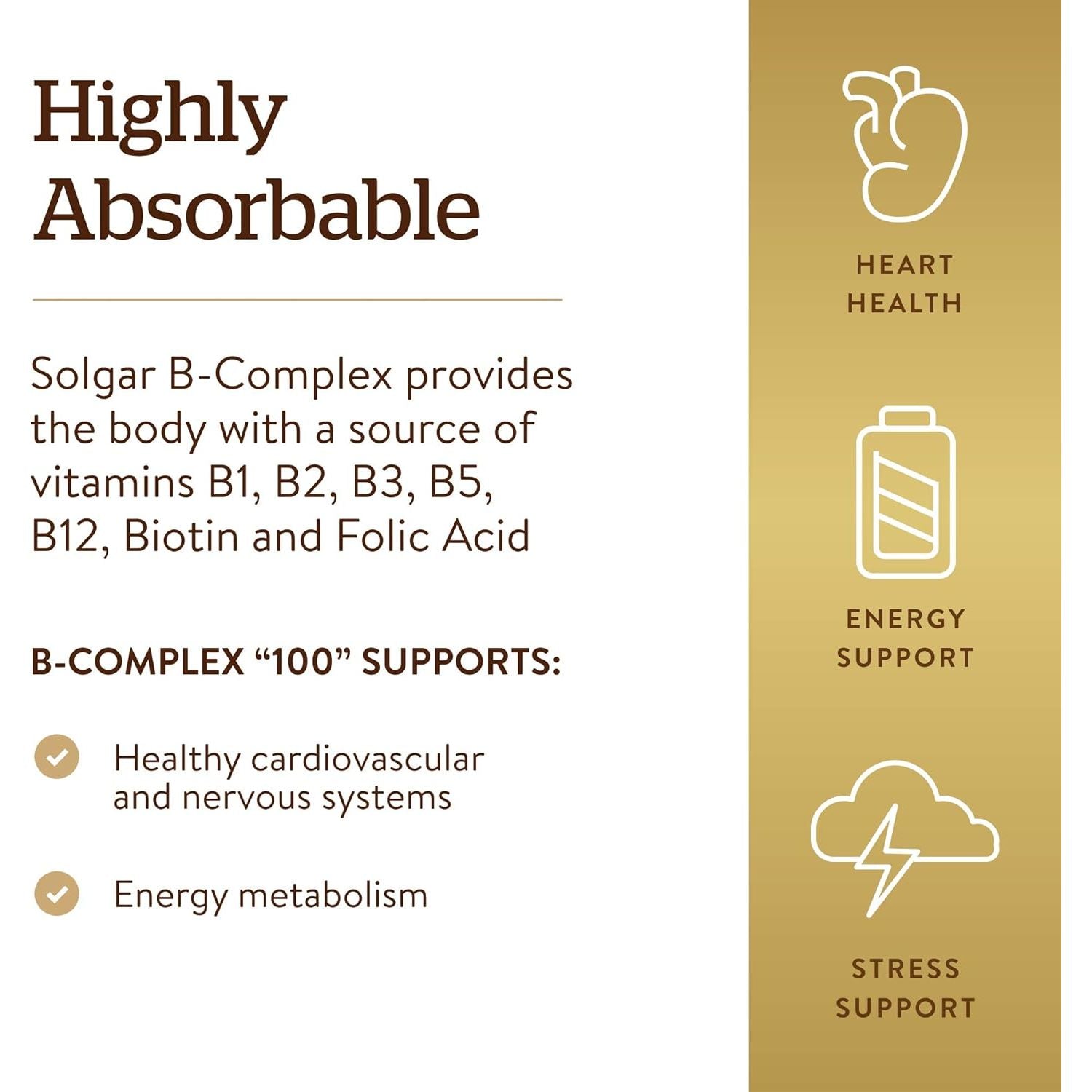 Solgar Vitamin B-Complex 50 High Potency - Supports Mental Performance - Reduces Tiredness & Fatigue - Vegan - 100 Vegetable Capsules